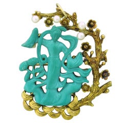 1950s Kwan-Yan Goddess of Love Turquoise Pearl Gold Brooch