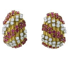 1960s David Webb Ruby Diamond Gold Earrings