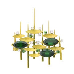 1970s Swiss Modernist Tourmaline Diamond Gold Brooch 1970s Swiss Modernist Tourmaline Diamond Gold Brooch