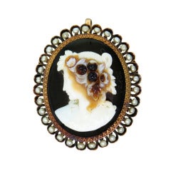 Antique Natural Pearl Gold Hardstone Cameo Brooch Pendant Antique Natural Pearl Gold Hardstone Cameo Brooch Pendant
