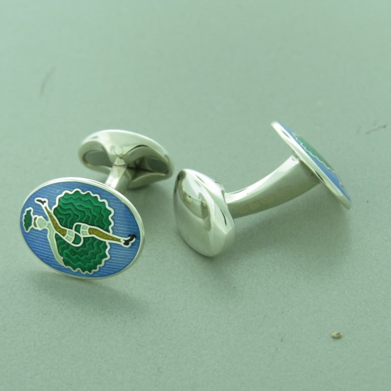 Boutons de manchette Deakin & Francis en argent sterling émaillé Can Can Girl neufs. La partie supérieure est de 19 mm x 14,5 mm. Livré avec boîte et papiers d'origine. poids - 16.3gr