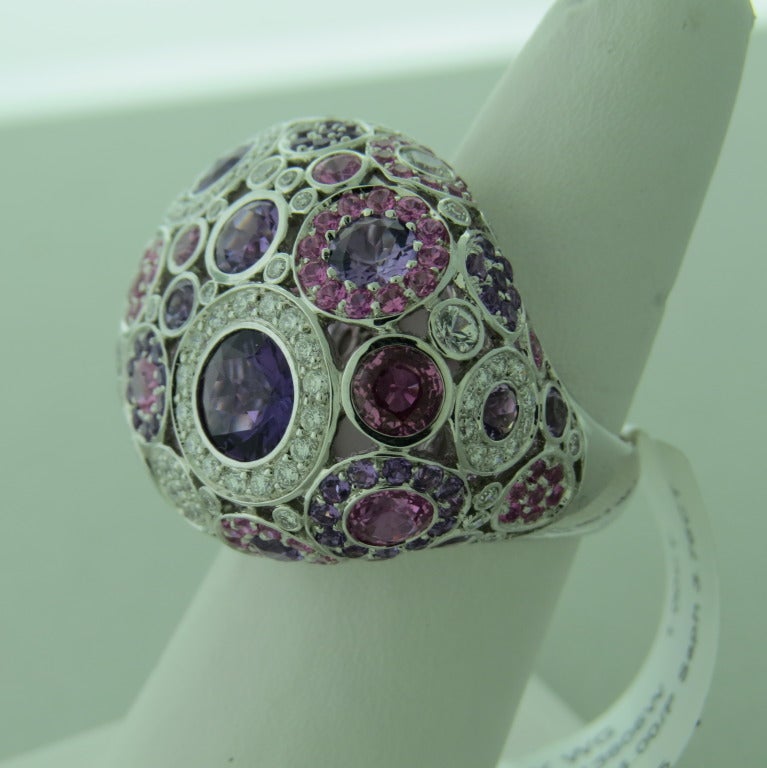 Modern 18k white gold ring. Diamonds - approx. 1.00ctw, pink sapphires - approx. 3.76ctw,amethyst. ring size is 6 1/4. ring top is 25mm x 32mm. weight - 17.3gr