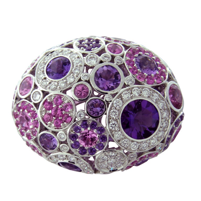 Amethyst Pink Sapphire Diamond Gold Cocktail Dome Ring
