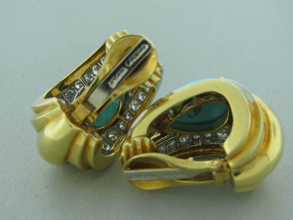 Metal: 18k Yellow Gold / Platinum Marked/Tested: Webb, 18k, Plat Gemstones/Diamonds: Diamonds - Approx. 1.50ctw Turquoise - 16mm X 11mm Clarity: Vs Color: G Measurements: Earrings 29mm X 18mm (1 Inch = 25mm) Weight: 34.0g