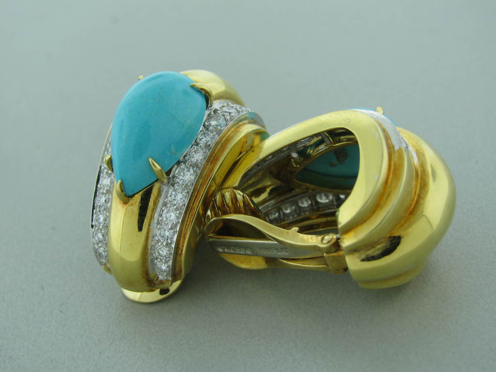 DAVID WEBB Turquoise Diamond Gold Platinum Earrings In Excellent Condition In Lambertville, NJ