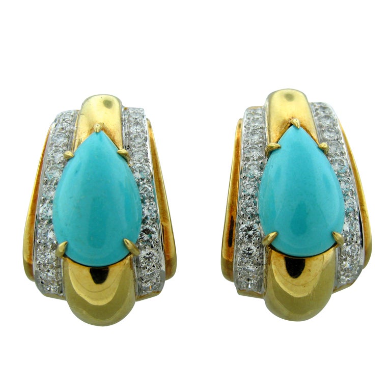 DAVID WEBB Turquoise Diamond Gold Platinum Earrings