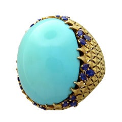 Large 1960s Gold Turquoise Sapphire Cocktail Ring