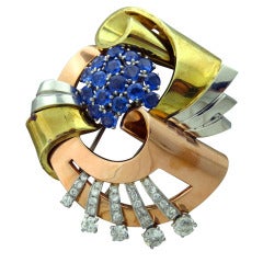 Retro Gold Platinum Diamond Sapphire Brooch 8