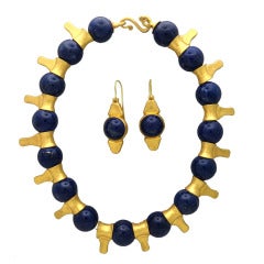 Unique Lapis Gold Necklace Earrings Set