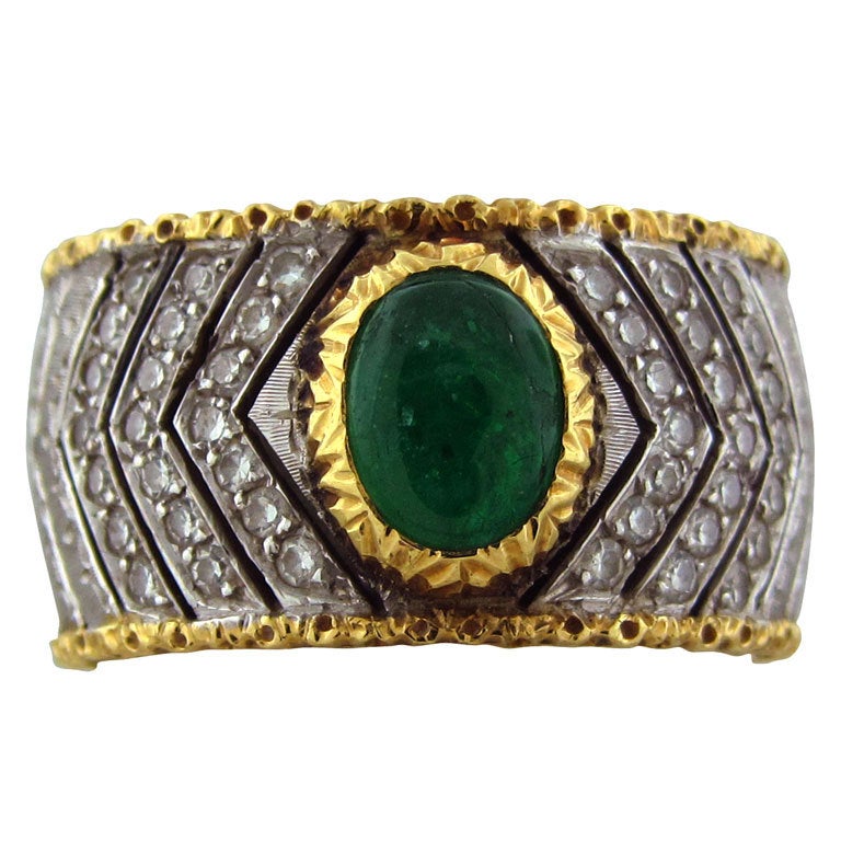 M. Buccellati Emerald Cabochon Diamond Gold Ring