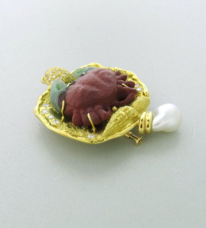 Elizabeth Gage Pearl Diamond Gold Rocky Pin Brooch