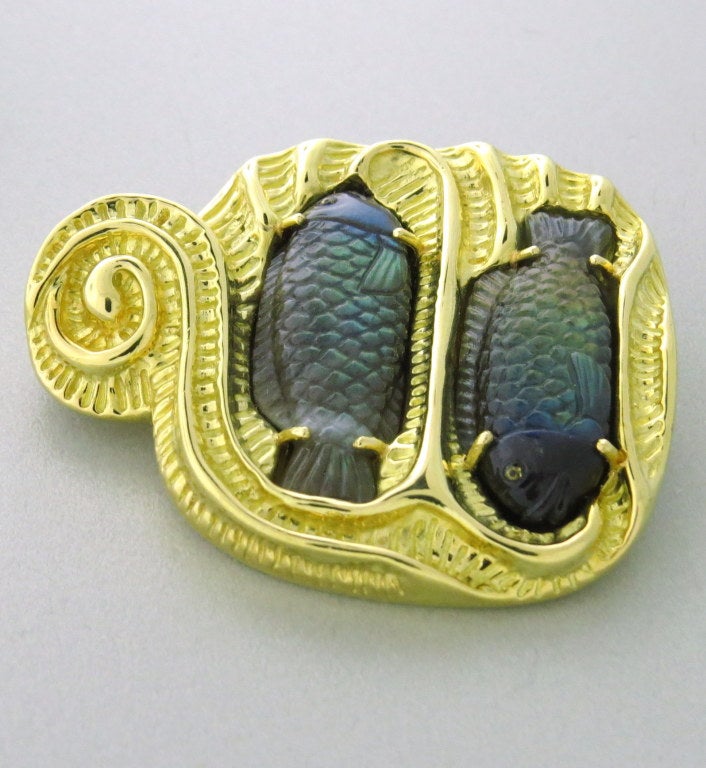 Elizabeth Gage Carved Labradorite Gold Brooch Pin