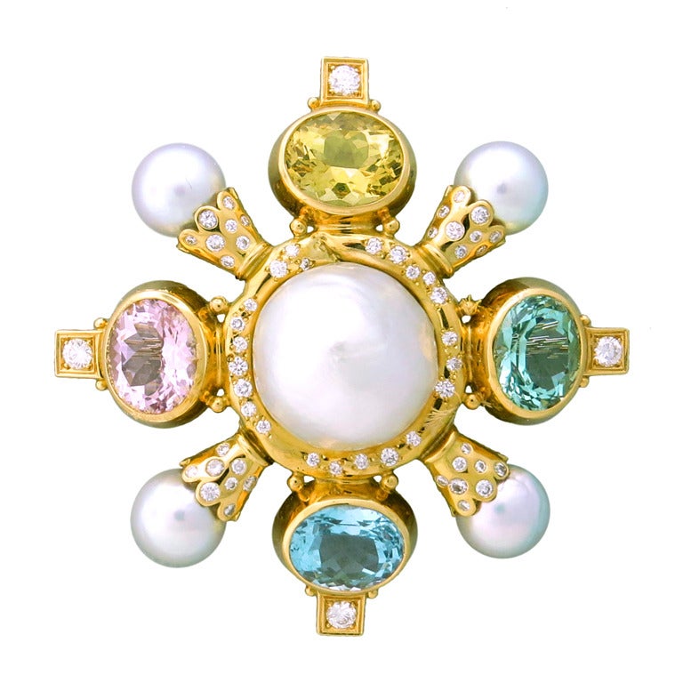 Elizabeth Gage Gem Stone Pearl Diamond Kiss Pin Brooch