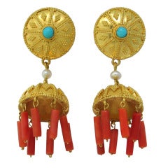 Lalaounis Coral Turquoise Gold Earrings