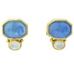 Vintage Elizabeth Locke Gold Moonstone Intaglio Venetian Glass Earrings