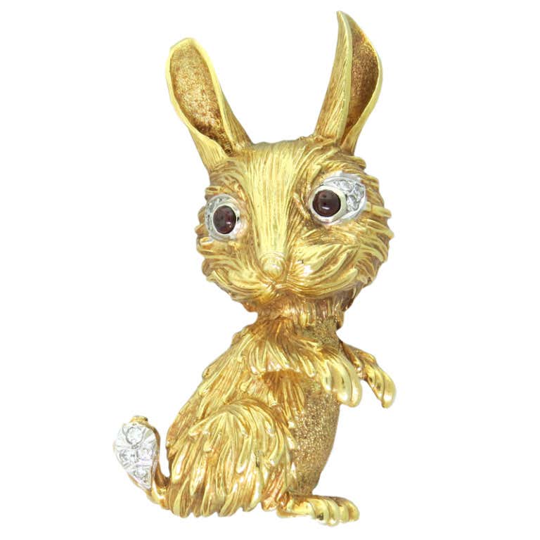 Tiffany and Co. Garnet Diamond Gold Rabbit Brooch at 1stDibs