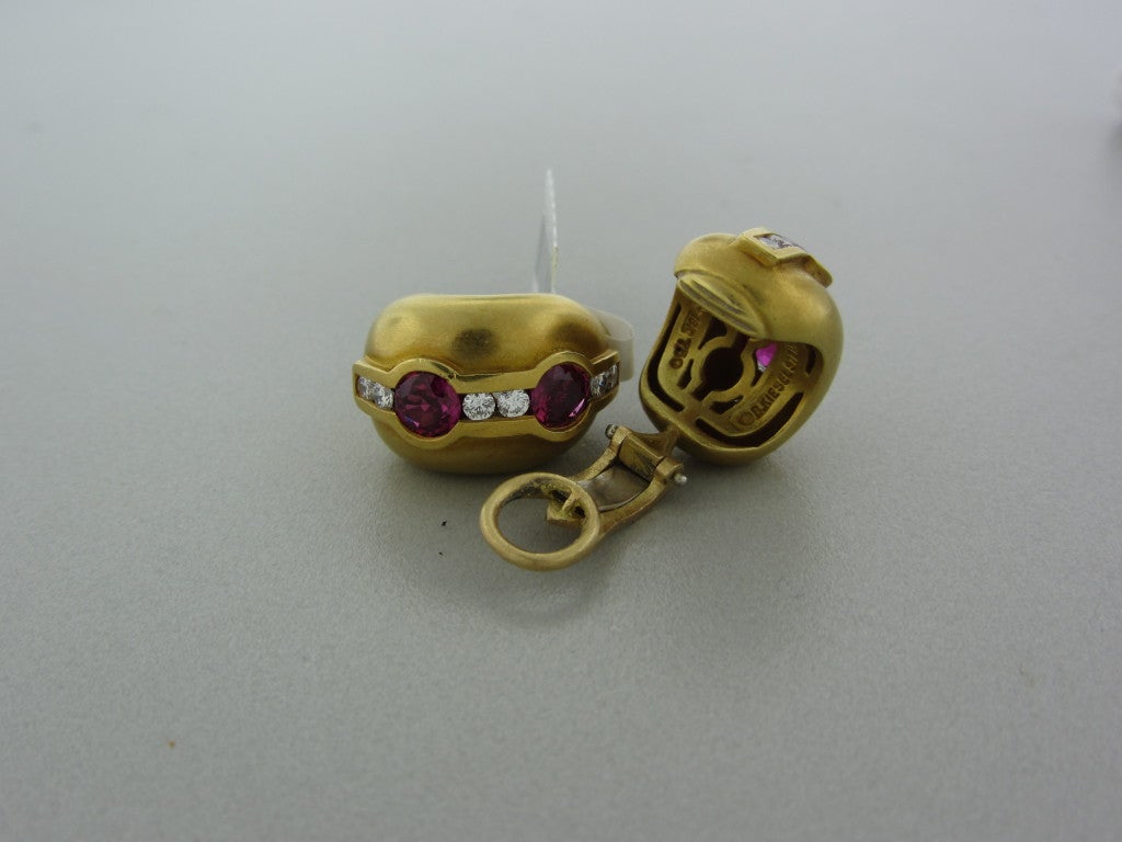 18k Yellow Gold; Marked/Tested: Kieselstein Cord, 1997M 18K, 750, Makers Marks; Diamonds, Approx.: 0.48ct Total Diamond Weight; Four Rubies, Approx. 2.00ct Total Weight; Clarity: VS; Color:G; Earrings 8mm X 13mm Wide (1 INCH = 25mm) Weight: 21.2g