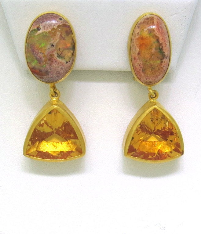 Yossi Harari 24k yellow gold drop earrings with opal and citrine. Earrings are 40mm x 17mm. marked - Yossi,24k. weight - 25.6gr