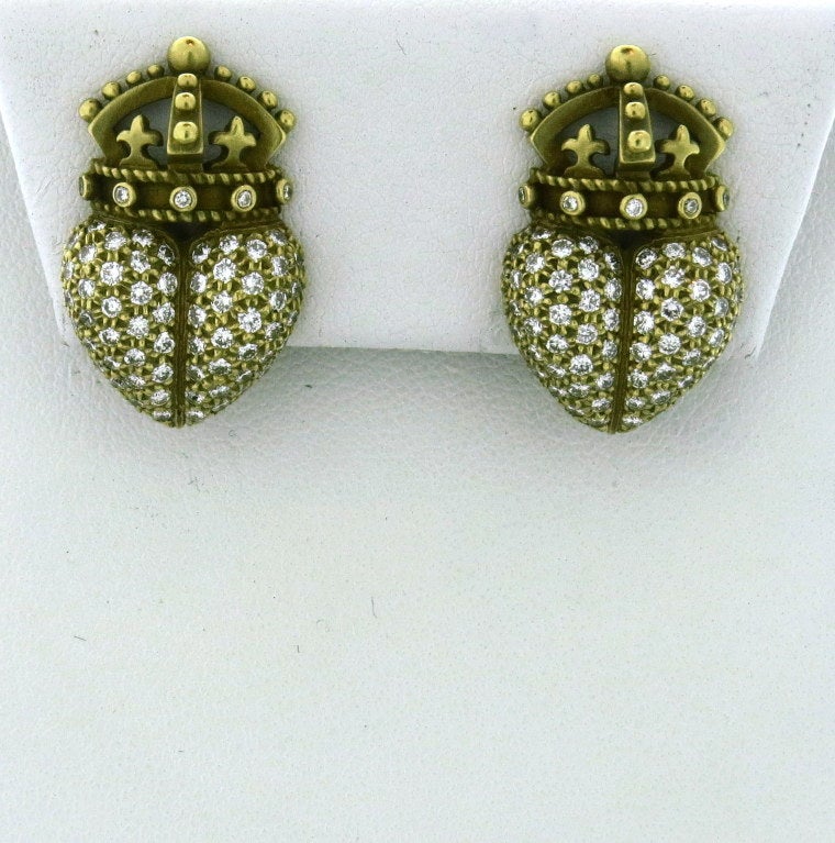Kieselstein Cord 18k yellow gold crown earrings with approx. 2.00ctw VS/G diamonds. Earrings are 24mm x 15mm. weight - 14.1gr