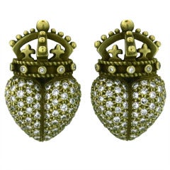 Barry Kieselstein-Cord Diamond Gold Crown Heart Earrings