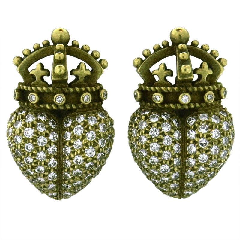Barry Kieselstein-Cord Diamond Gold Crown Heart Earrings