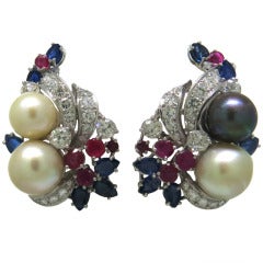 Large 1960s Pearl Sapphire Ruby Diamond Gold Cocktail Earrings