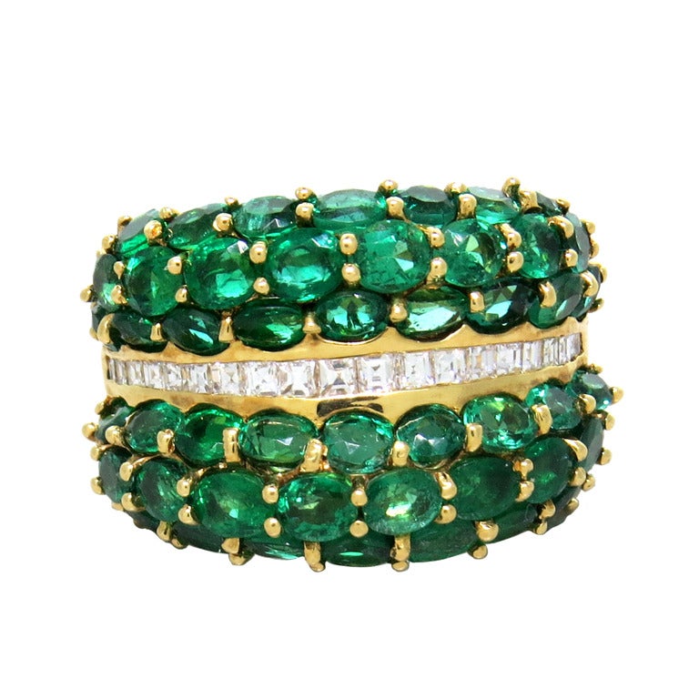 Modern Emerald Diamond Gold Double Dome Ring at 1stdibs
