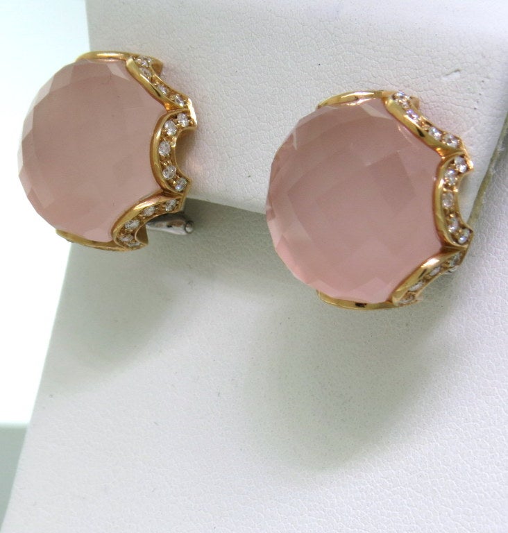Modern Classic Rose Quartz Diamond Gold Earrings In Excellent Condition In Lambertville, NJ