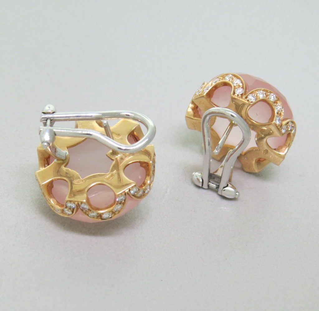 Women's Modern Classic Rose Quartz Diamond Gold Earrings