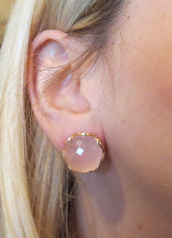 Modern Classic Rose Quartz Diamond Gold Earrings 1