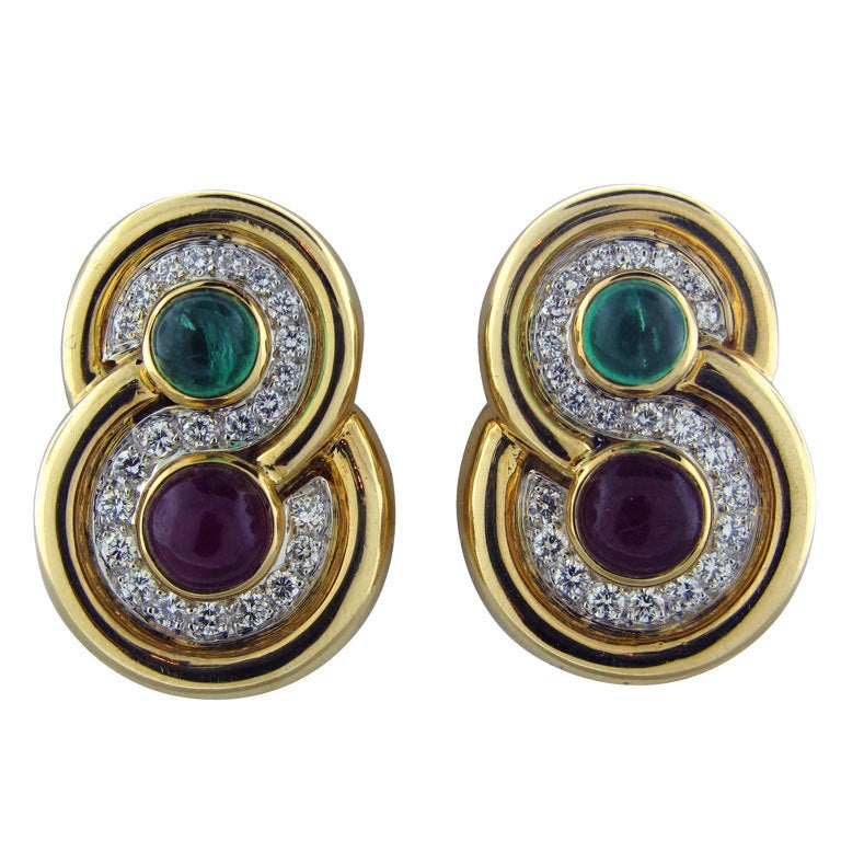 DAVID WEBB Emerald Ruby Diamond Gold Platinum Earrings