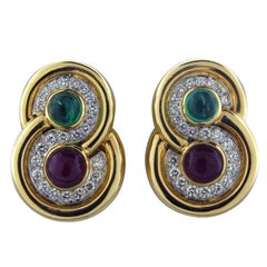 DAVID WEBB Emerald Ruby Diamond Gold Platinum Earrings