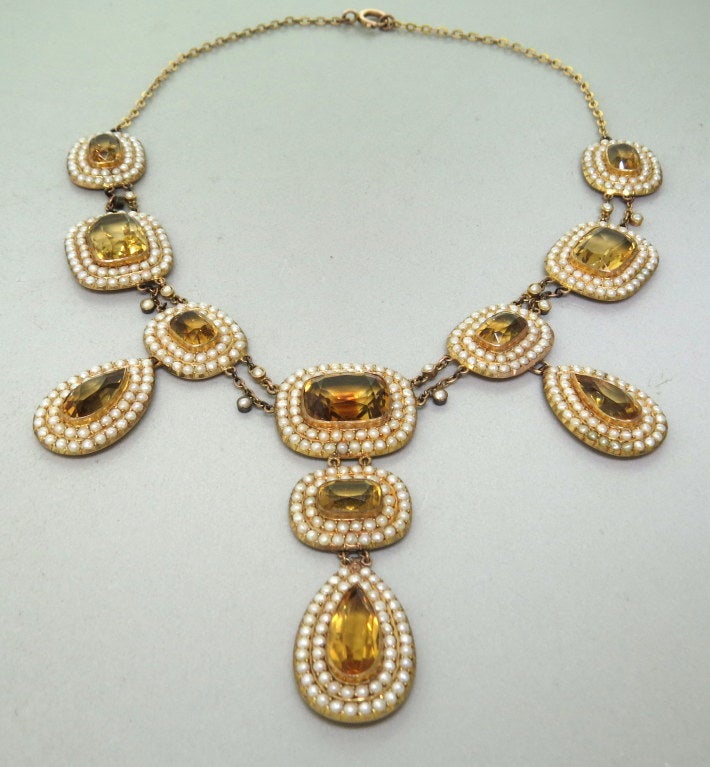 Georgian Antique Citrine Pearl Gold Drop Necklace