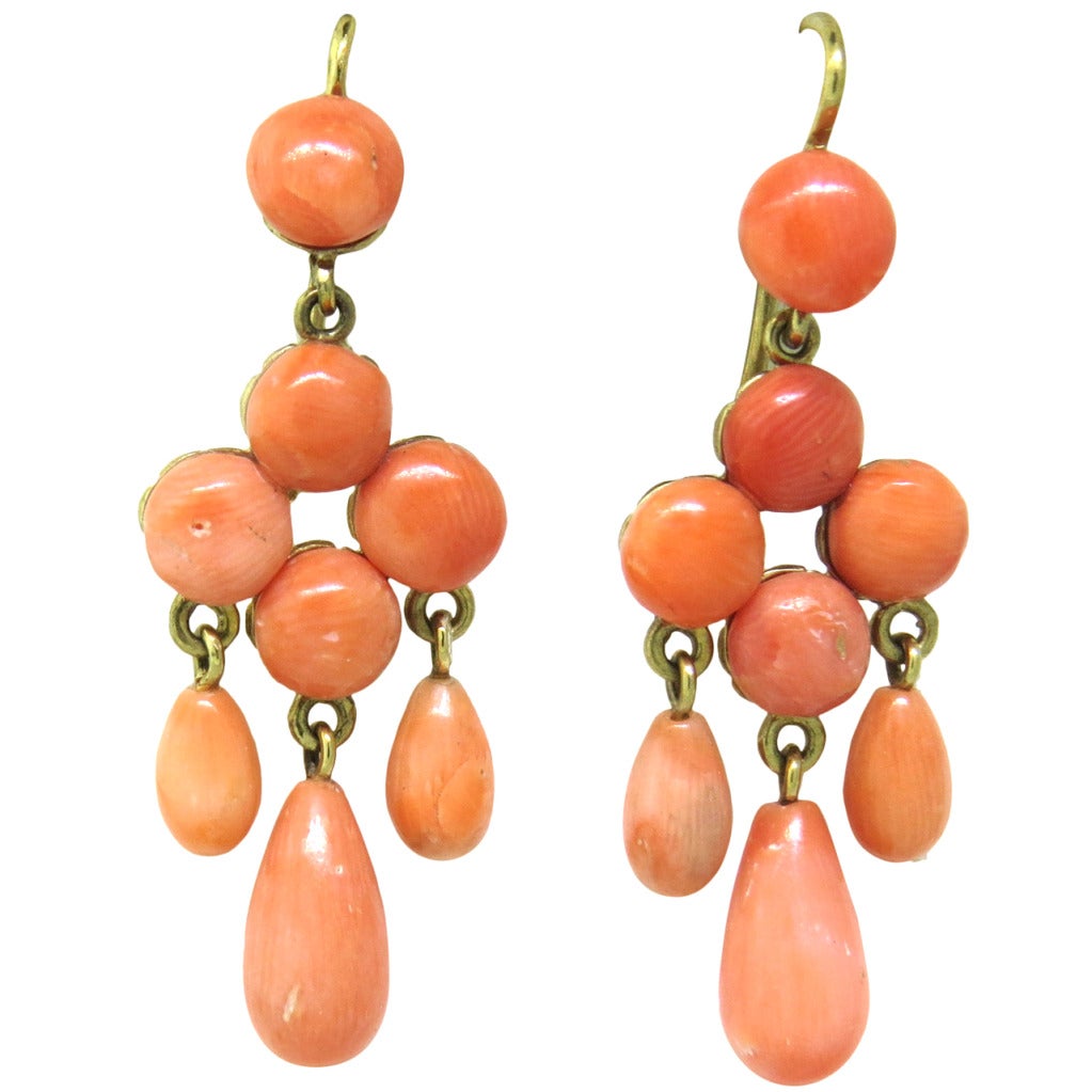 Antique Victorian Coral Gold Drop Earrings
