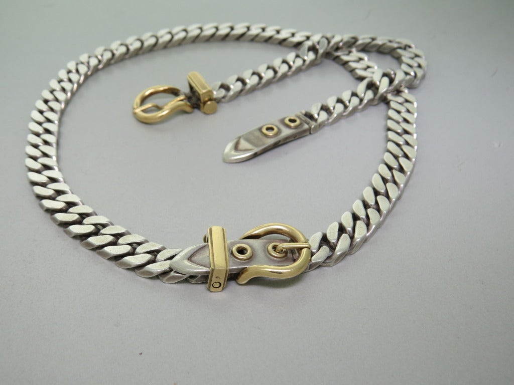 Vintage Hermes 18k yellow gold and sterling silver necklace and bracelet set. Necklace is 16