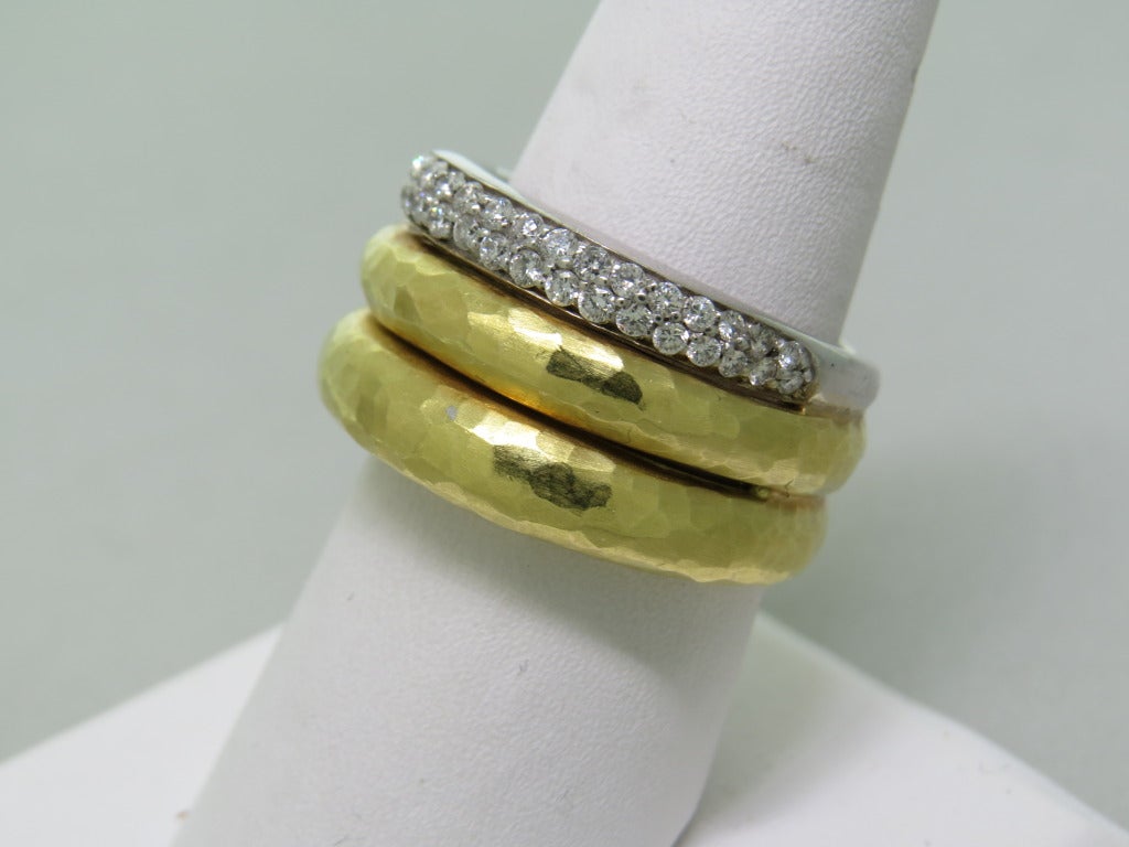 H Stern 18k hammered yellow and white gold three row ring with one row of diamonds. approx. 0.50ctw . Ring size - 8 1/2, ring is 13.2mm wide. weight - 16.4g