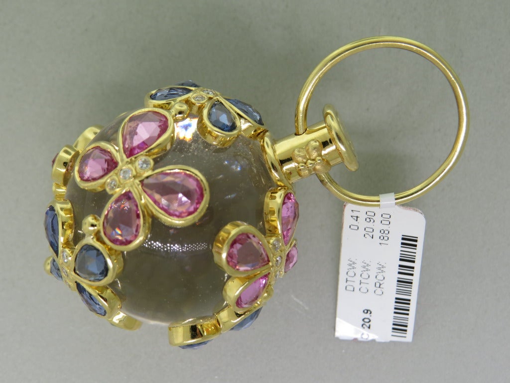 Large Temple St Clair 18k gold 188ct. rock crystal amulet,decorated with 0.41ctw diamonds and 20.9ctw multi color sapphires butterflies. Pendant is 35mm in diameter (without bale),bale ring is 21mm in diameter. Marked - Temple hallmark,750. weight -