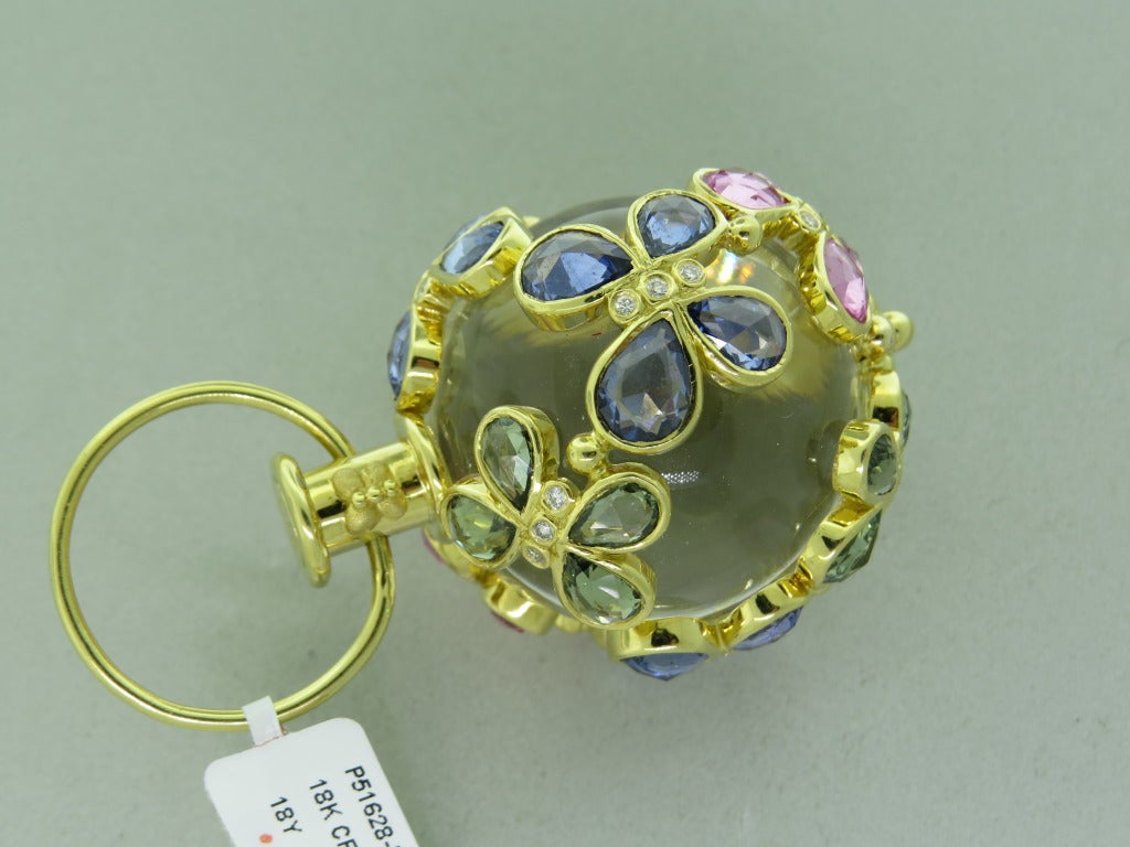 Women's Huge Temple St. Clair Rock Crystal Sapphire Diamond Gold Amulet Pendant