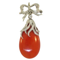 Antique Coral Diamond Gold Pendant Brooch