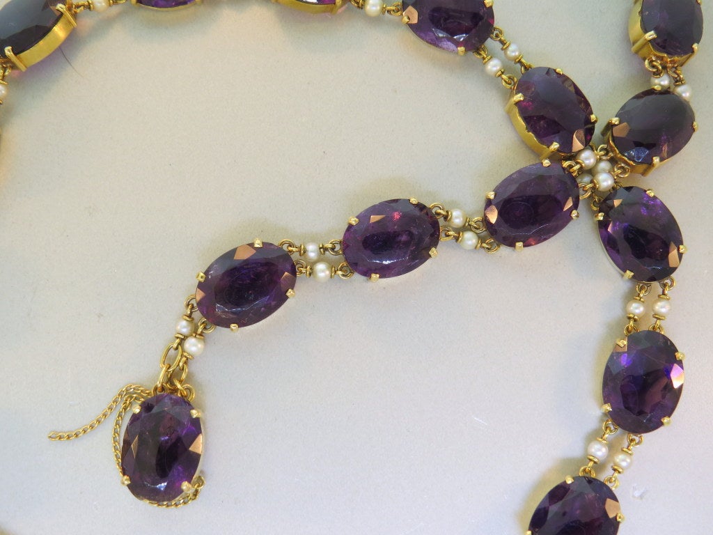 Antique 14k yellow gold necklace and bracelet with approx. 180ctw faceted amethyst and pearls. Necklace is 15 1/2