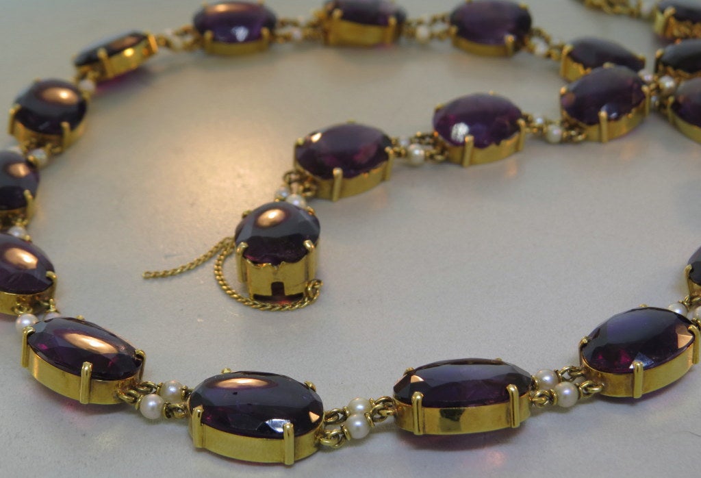 Antique Victorian Pearl Amethyst Gold Necklace Bracelet Set In Excellent Condition In Lambertville, NJ