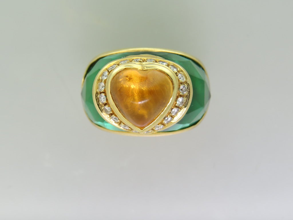 1980s Green Crystal Citrine Heart Diamond Gold Ring