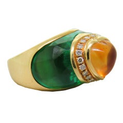 1980s Green Crystal Citrine Heart Diamond Gold Ring