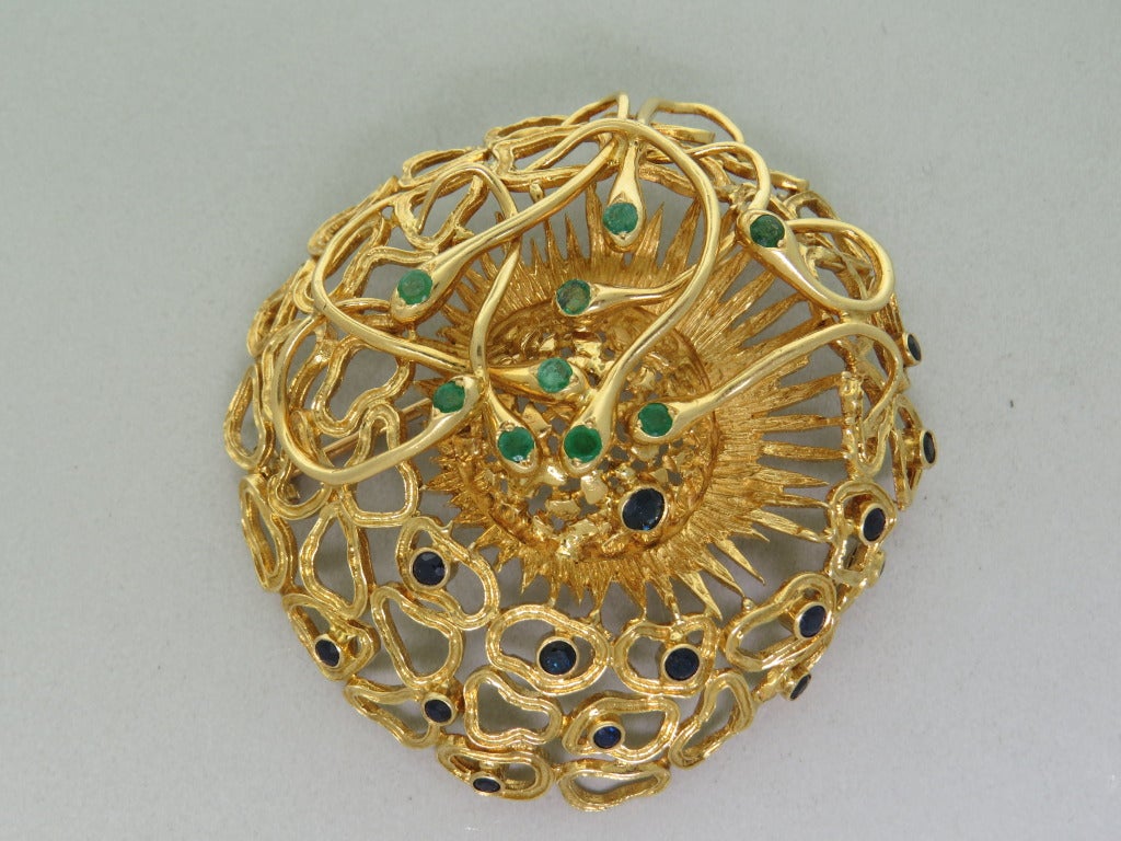 Large Ilias Lalaounis Greece 18k yellow gold snake brooch with emeralds and sapphires. Brooch is 55mm x 60mm. Marked - A21,750,makers hallmark,Lalaounis. weight - 47.2g