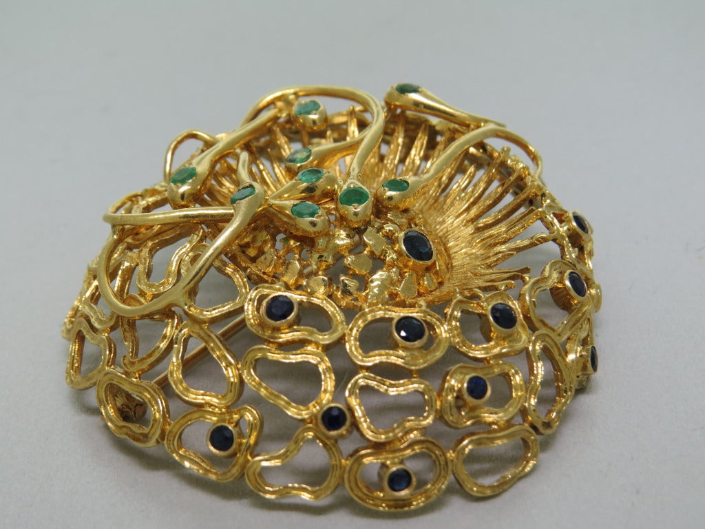 Women's Large Ilias Lalaounis Sapphire Emerald Gold Snake Brooch