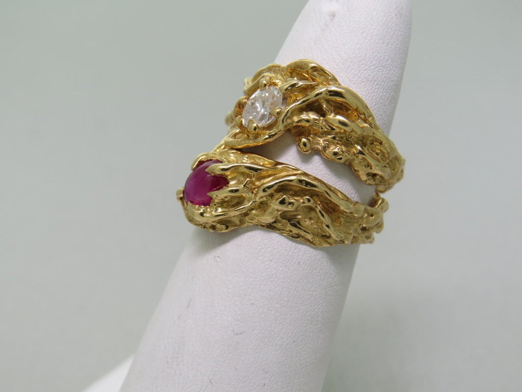 Vintage 1970s Arthur King 18k gold ring set with approx. 0.30ct diamond and ruby. Each ring size is 5, each ring is 9mm at widest point. Marked - 18k,makers hallmark. weight - 10.0g