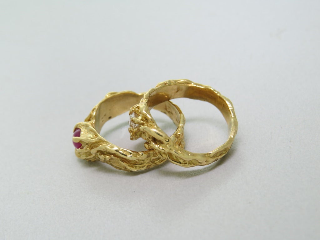 1970s Arthur King Ruby Diamond Gold Ring Set In Excellent Condition In Lambertville, NJ