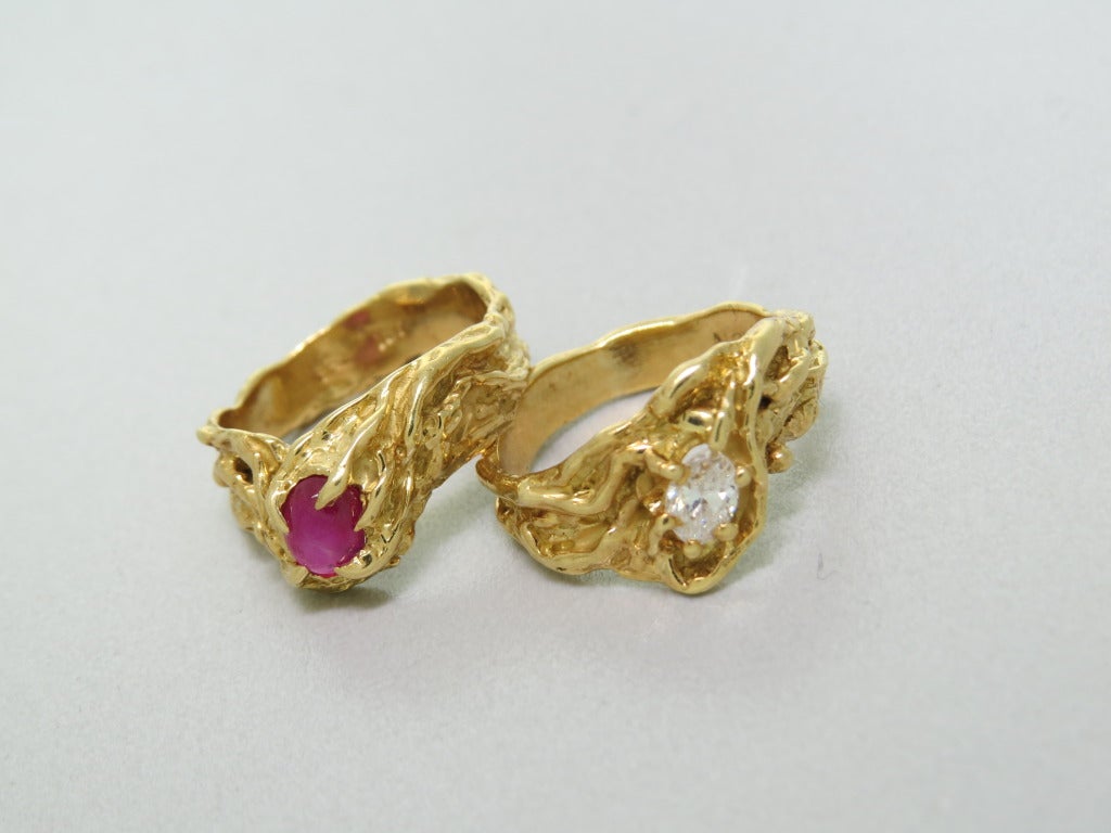 Women's 1970s Arthur King Ruby Diamond Gold Ring Set