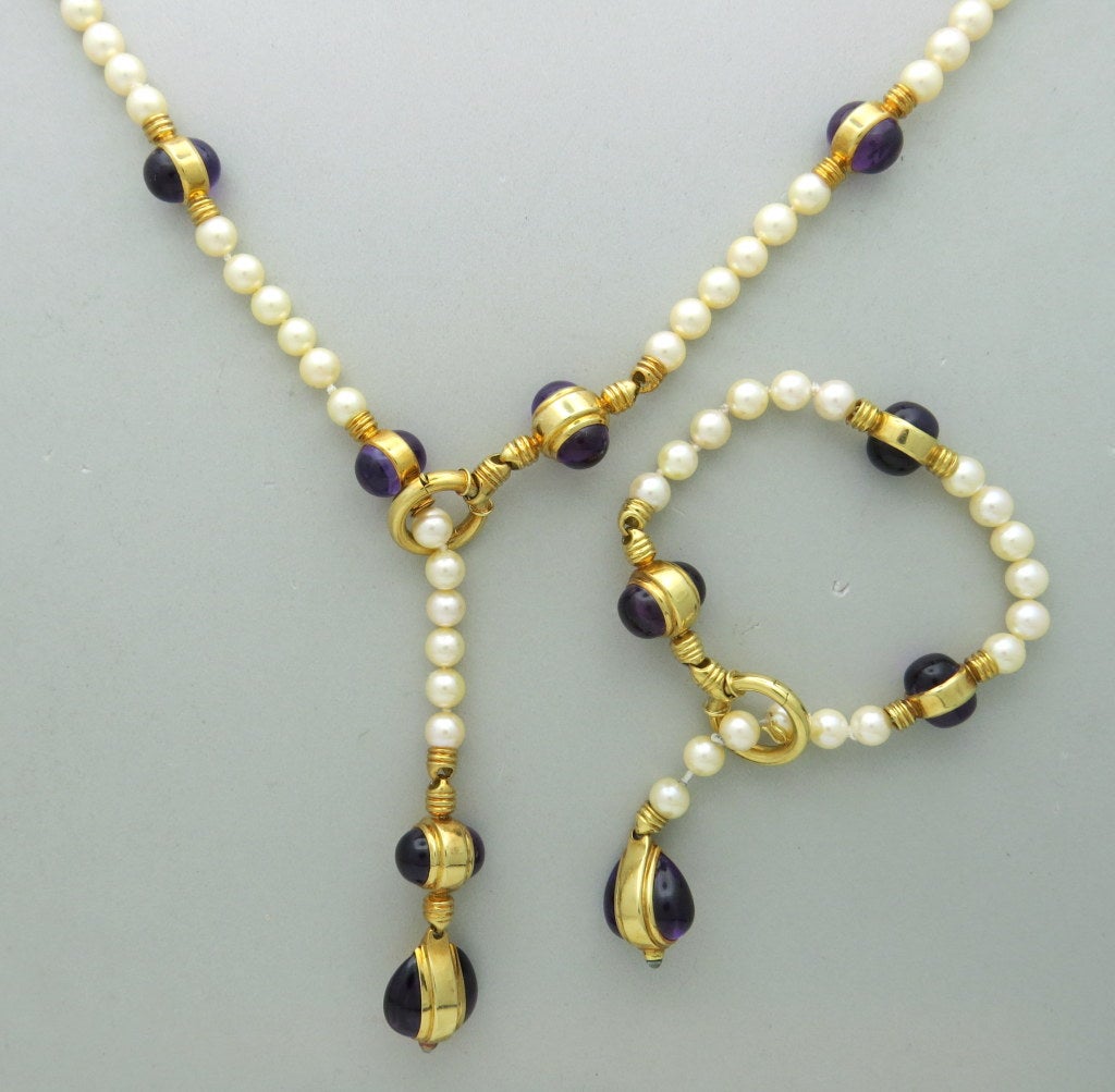 Vintage H Stern 18k gold necklace and bracelet set with saltwater cultured pearl and amethyst cabochons. Necklace can be adjusted to 22