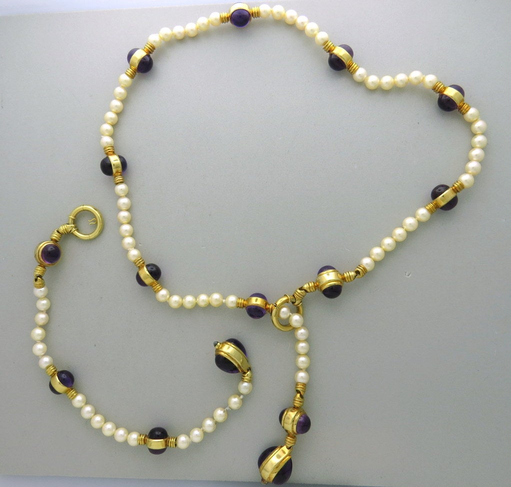 H. Stern Pearl Amethyst Gold Necklace Bracelet Suite In Excellent Condition In Lambertville, NJ